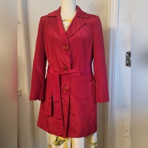 Vtg Y2K RED KNEE LENGTH TRENCH COAT SATIN POCKETS TIE USA SZ S